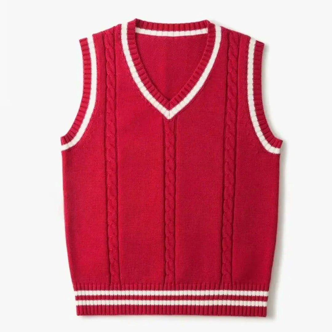 "Image d'un gilet homme V-Ausschnitt bleu marine, sans manches, en tricot épais, parfait pour un style classique et chaud."