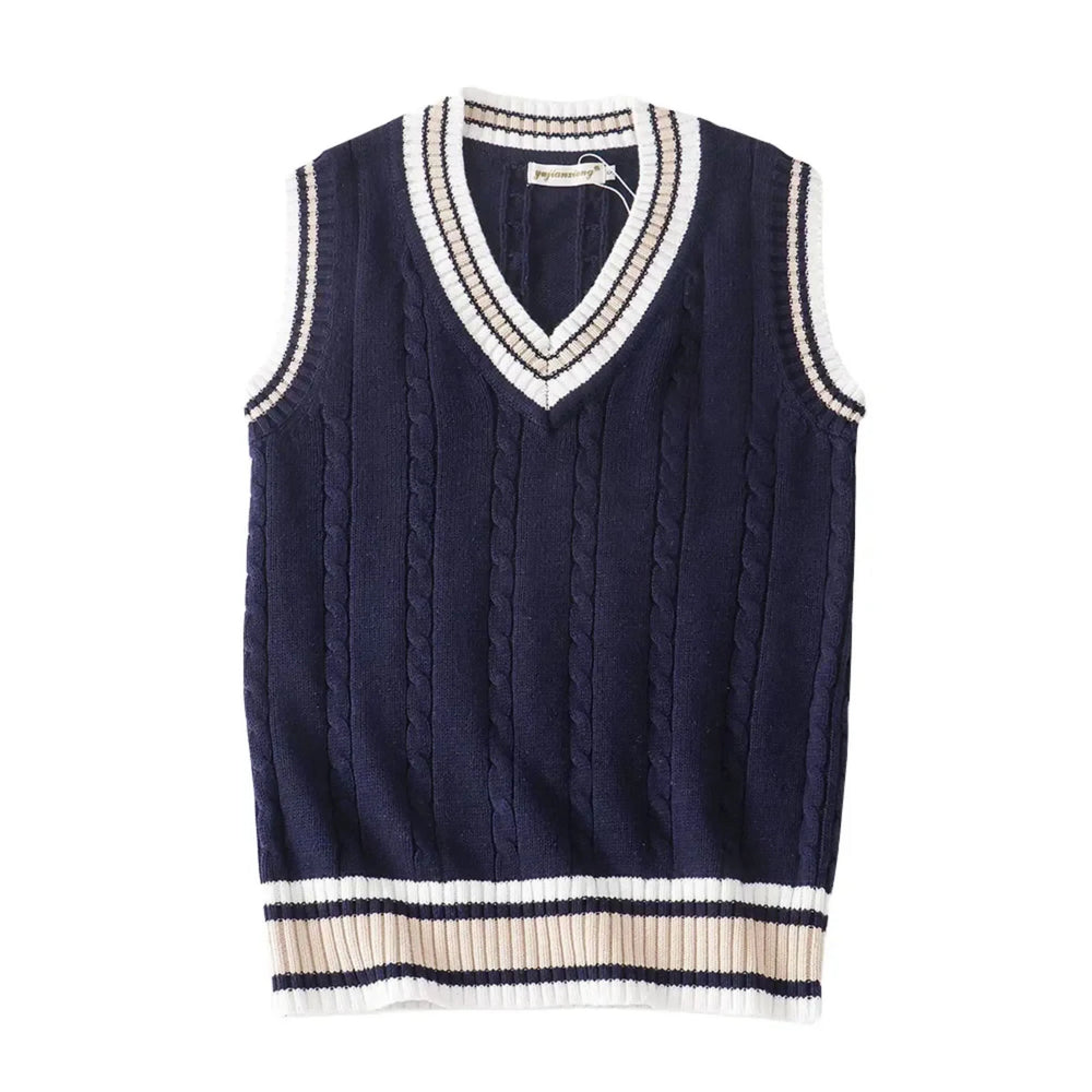 "Image d'un gilet homme V-Ausschnitt bleu marine, sans manches, en tricot épais, parfait pour un style classique et chaud."