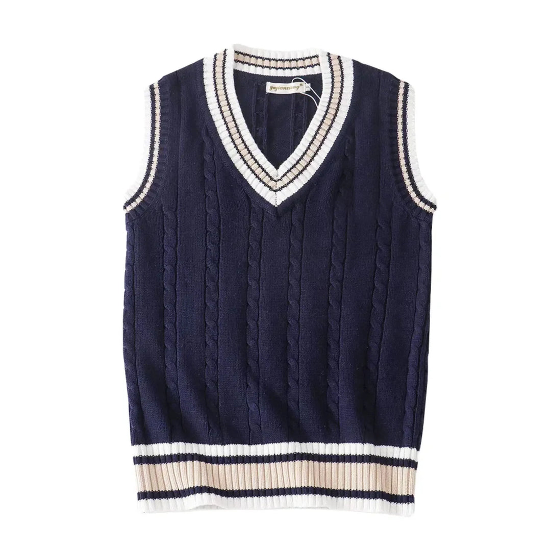"Image d'un gilet homme V-Ausschnitt bleu marine, sans manches, en tricot épais, parfait pour un style classique et chaud."