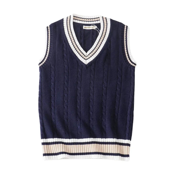 "Image d'un gilet homme V-Ausschnitt bleu marine, sans manches, en tricot épais, parfait pour un style classique et chaud."