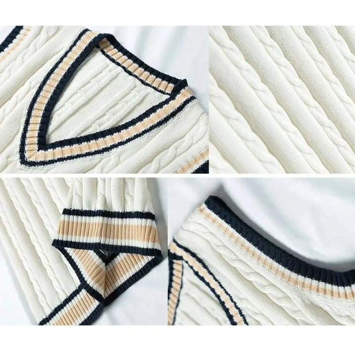 "Image d'un gilet homme V-Ausschnitt bleu marine, sans manches, en tricot épais, parfait pour un style classique et chaud."