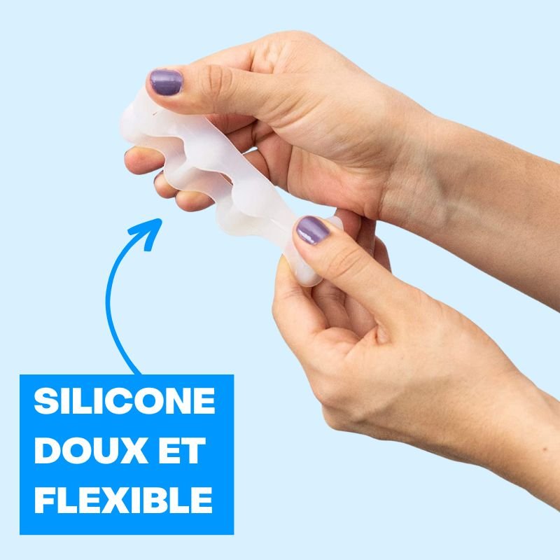 "Image d'un séparateur d'orteils en silicone souple pour soulagement et confort des pieds, idéal pour un usage quotidien."