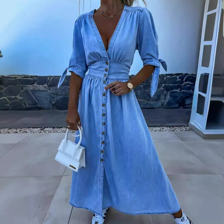 Lange denim jurk met knopen - Casual stijl - Verschillende maten
