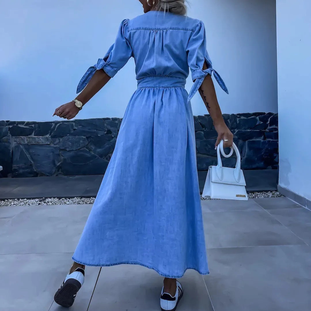 Lange denim jurk met knopen - Casual stijl - Verschillende maten