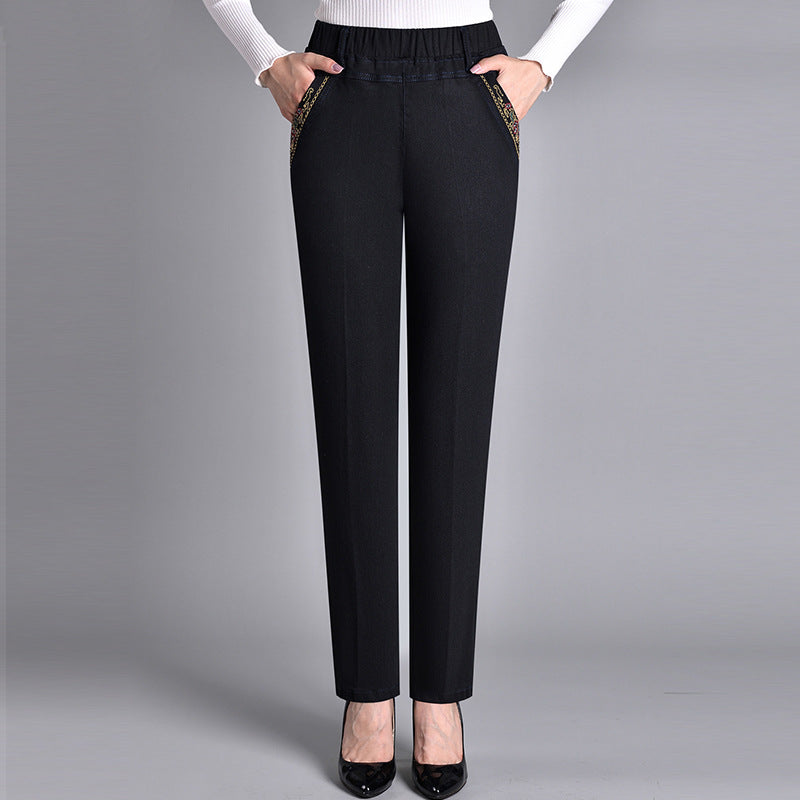 Pantalon jean femme droit, taille élastique, couleur bleu. Chic décontracté et très confortable au quotidien.