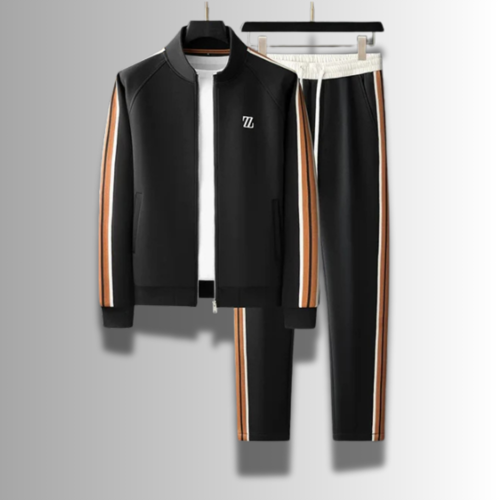 Homme portant un jogging moderne polyvalent pour le sport, la détente à la maison ou les sorties automnales.
