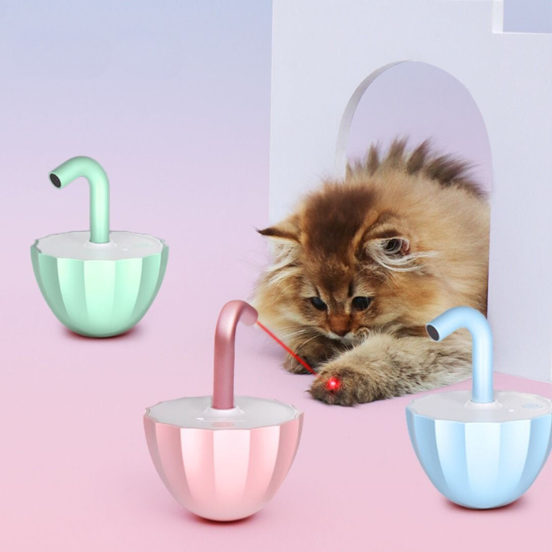 "Jouet interactif pour chats avec laser rouge, mouvement automatique et plusieurs couleurs vives pour amusement assuré."
