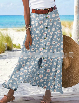 Jupe longue bleu floral, imprimé estival, fluide et confortable.  Coupe féminine.