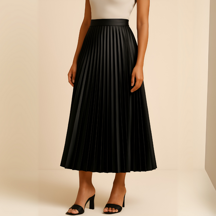 Jupe mi-longue plissée femme élégante, taille haute évasée, parfaite pour un look chic ou décontracté en été.