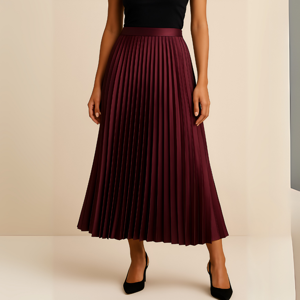 Jupe fluide plissée femme à taille haute, coupe évasée. Idéale pour une tenue chic de soirée ou un style casual.