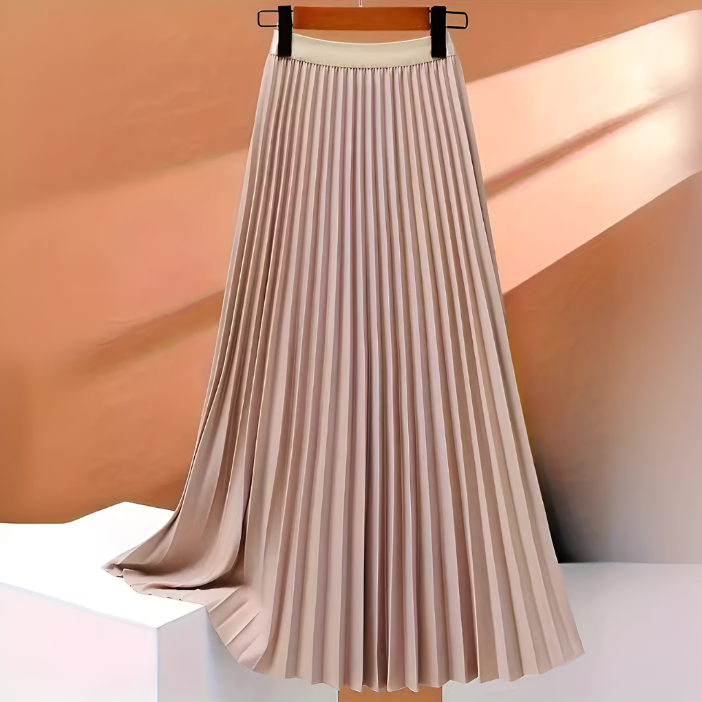 Jupe élégante femme mi-longue, plissée, taille haute et coupe évasée. Vêtement chic et polyvalent.