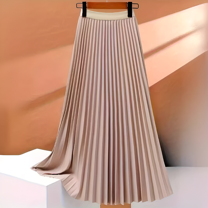 Jupe élégante femme mi-longue, plissée, taille haute et coupe évasée. Vêtement chic et polyvalent.