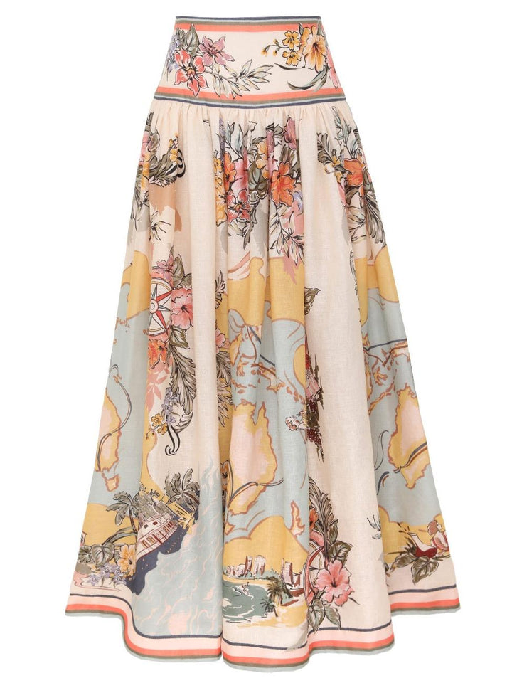 "Jupe midi Cindy élégante avec motifs floraux délicats pastel, charmante et féminine pour un look estival poétique."