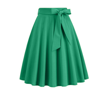 Jupe midi printemps/été, taille haute et nœud. Tendance et chic pour femme, coupe A-line, mode élégante.