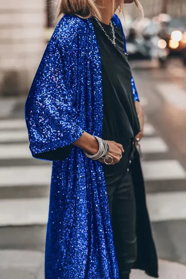 Kimono femme à paillettes, veste scintillante glamour pour soirée, festival ou événement.