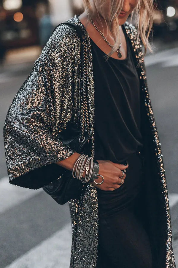 Surchemise kimono scintillante pour femme, style glamour et festif, veste mi-saison.