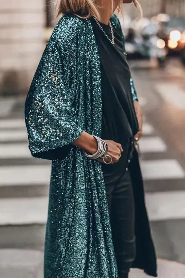 Kimono femme à paillettes, veste glamour et scintillante pour soirée festive.