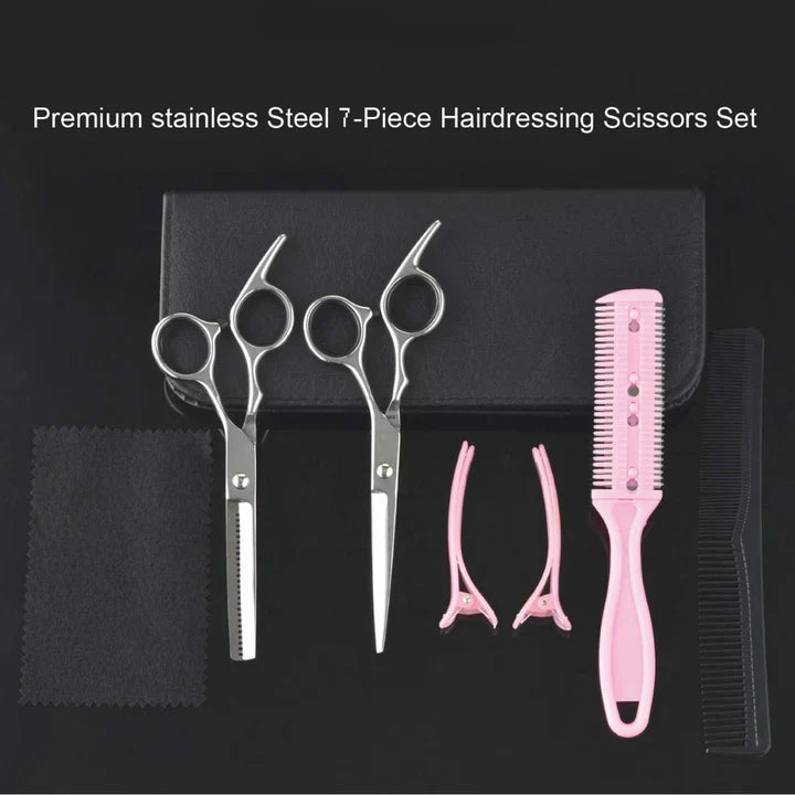 Kit ciseaux coiffure pro: ciseaux coupe & effilage, acier inoxydable, étui inclus.  Coupe précise et élégante.