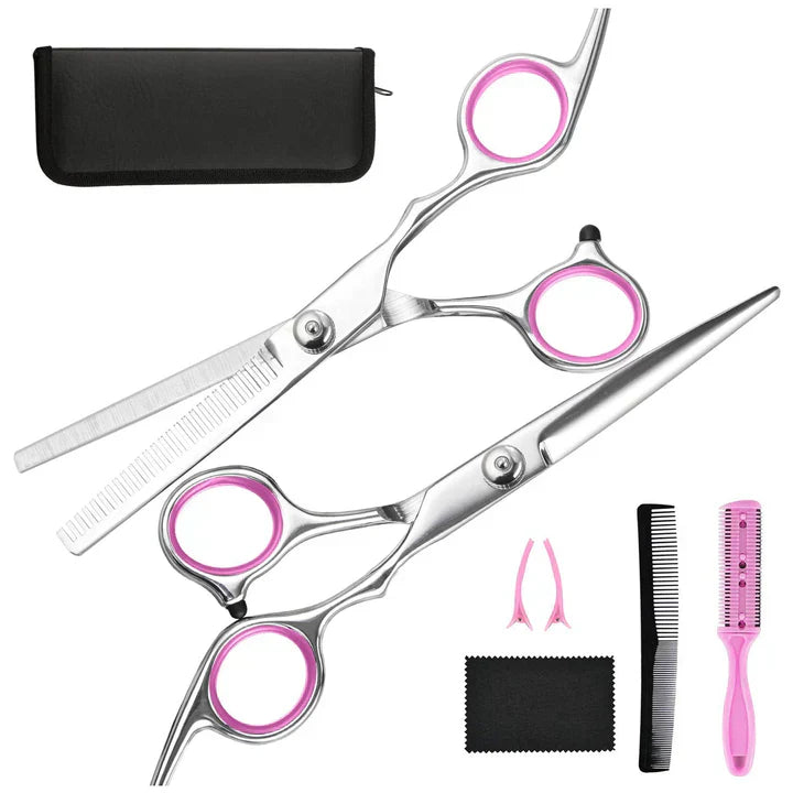 Kit ciseaux coiffure pro: ciseaux coupe & effilage, acier inoxydable, étui inclus.  Coupe précise et élégante.