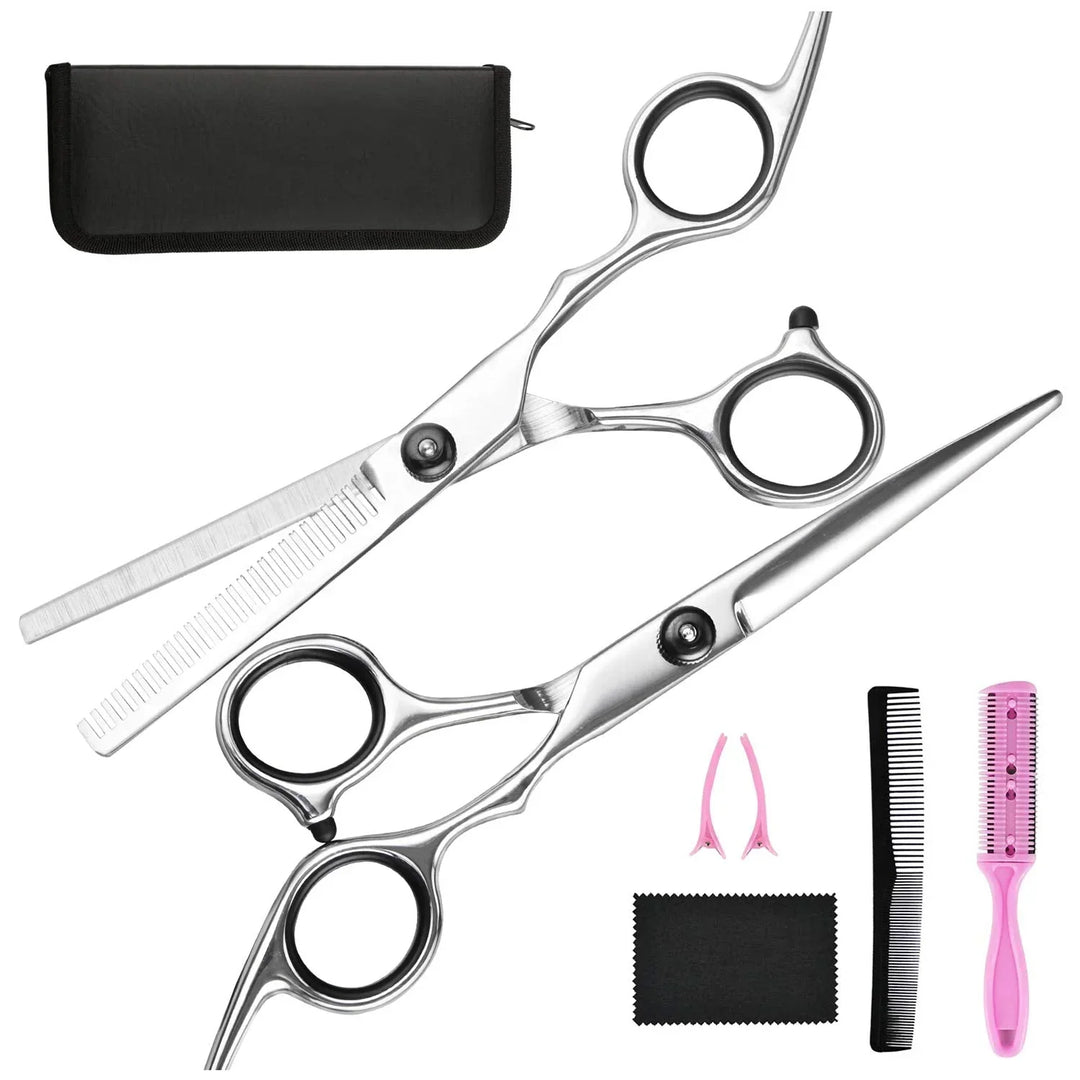 Kit ciseaux coiffure pro: ciseaux coupe & effilage, acier inoxydable, étui inclus.  Coupe précise et élégante.