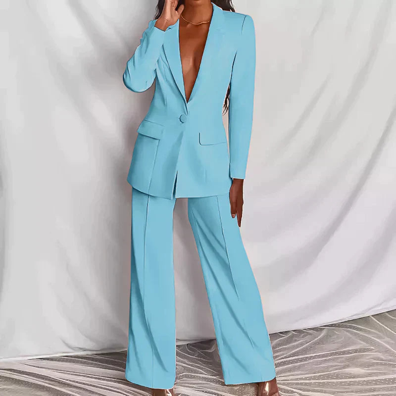Tenue de bureau femme complète: ensemble tailleur chic avec blazer et pantalon. Idéal pour un look affaires élégant.