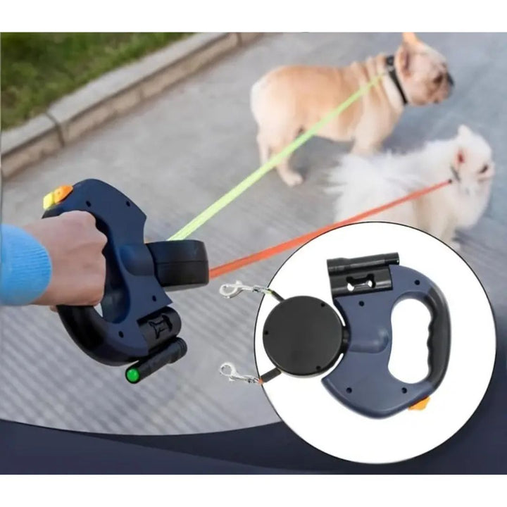 Laisse double chien anti-emmêlement LED.  Promenade facile et sécurisée, même la nuit.