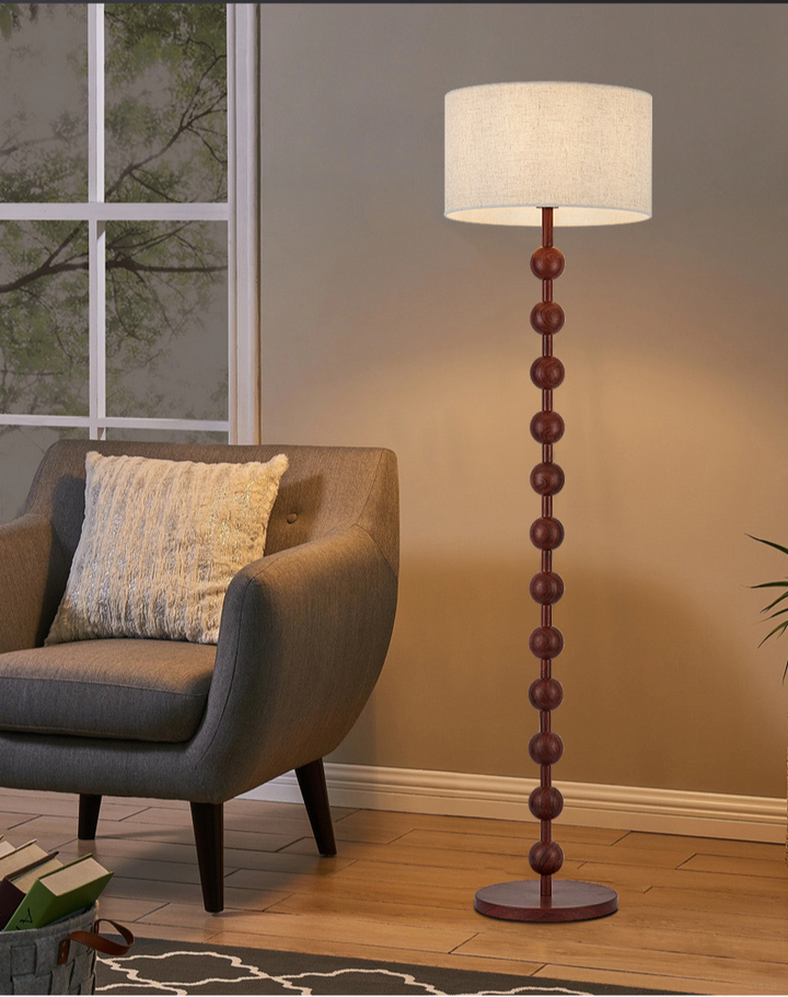 Lampadaire en bois Japandi, design épuré minimaliste, bois naturel et tissu, ambiance sereine, éclairage LED doux.