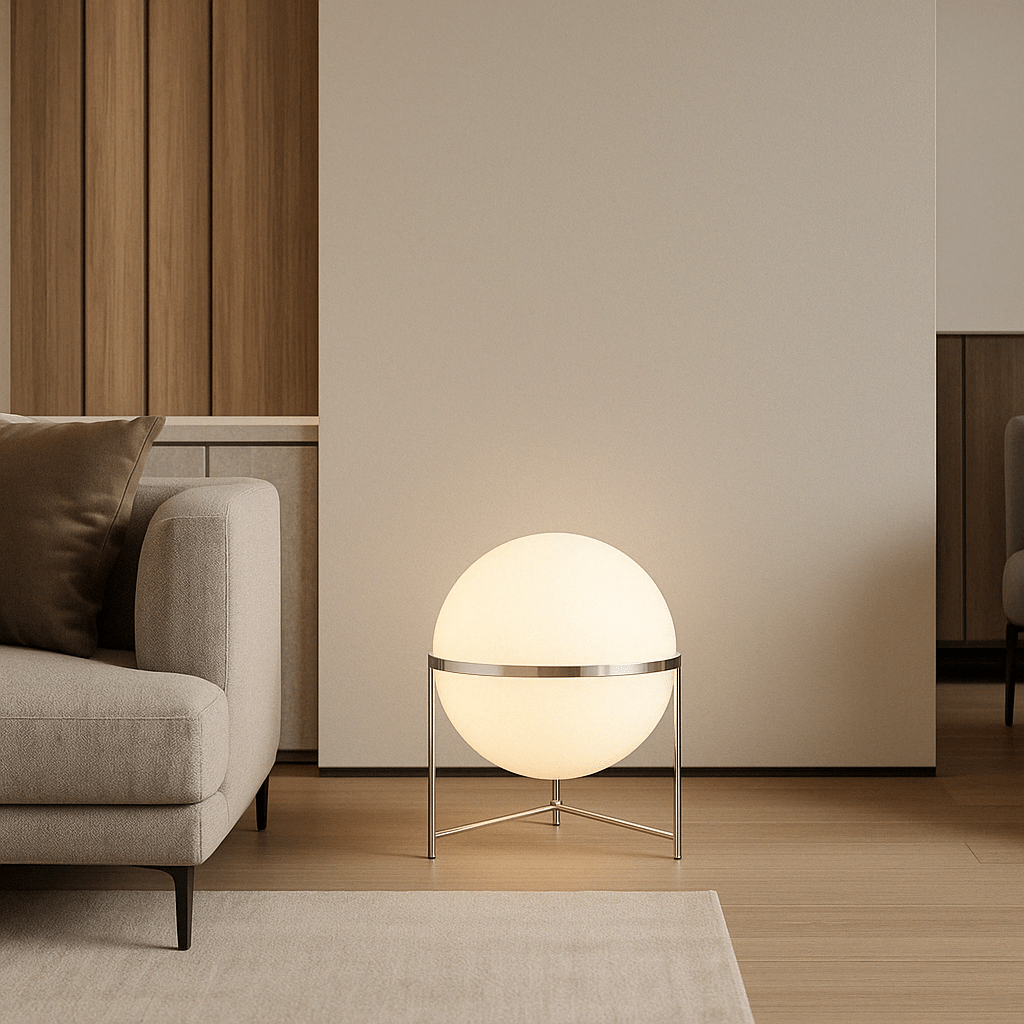Lampadaire globe design moderne. Éclairage intérieur élégant et chaleureux.  Plusieurs tailles disponibles.