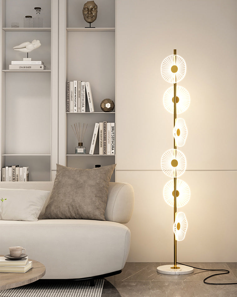 Lampadaire moderne, cascade lumineuse, marbre & acrylique. Design élégant, lumière douce réglable.