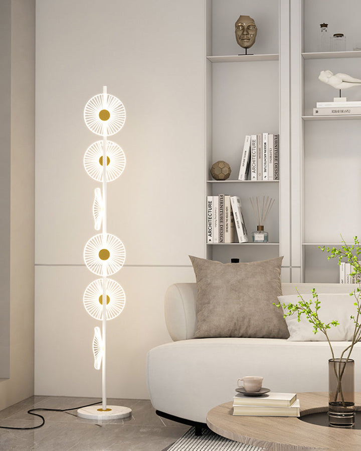 Lampadaire moderne, cascade lumineuse, marbre & acrylique. Design élégant, lumière douce réglable.