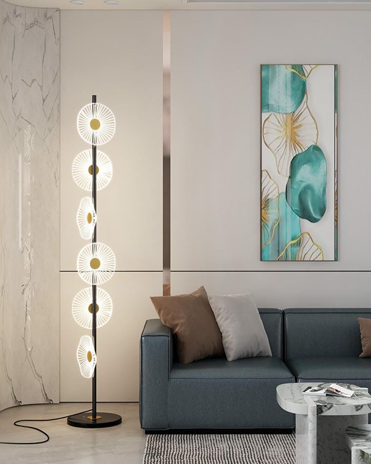 Lampadaire moderne, cascade lumineuse, marbre & acrylique. Design élégant, lumière douce réglable.
