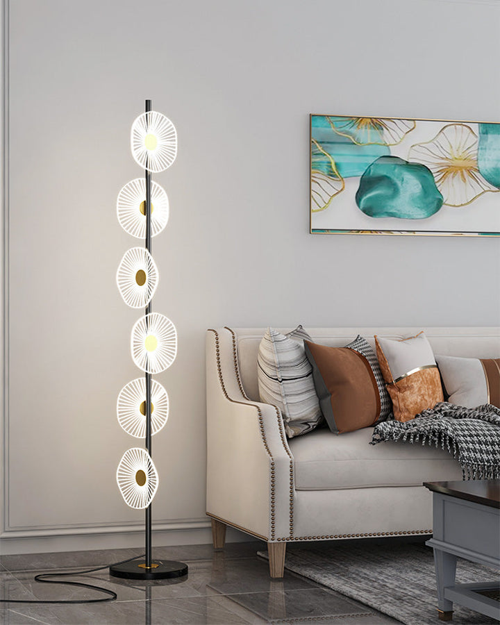 Lampadaire moderne, cascade lumineuse, marbre & acrylique. Design élégant, lumière douce réglable.