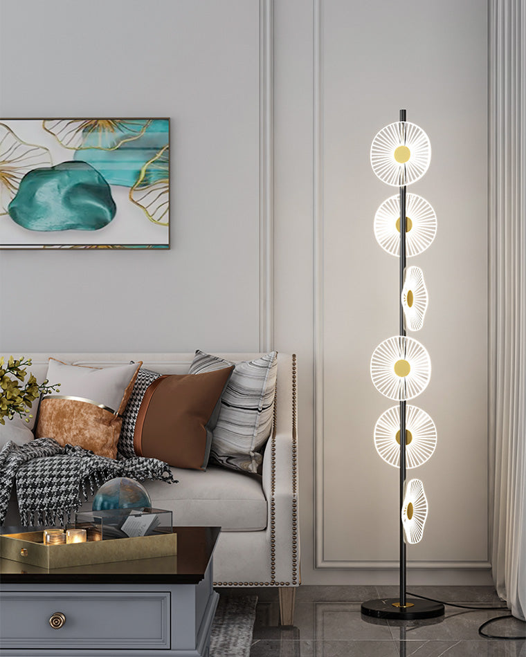 Lampadaire moderne, cascade lumineuse, marbre & acrylique. Design élégant, lumière douce réglable.