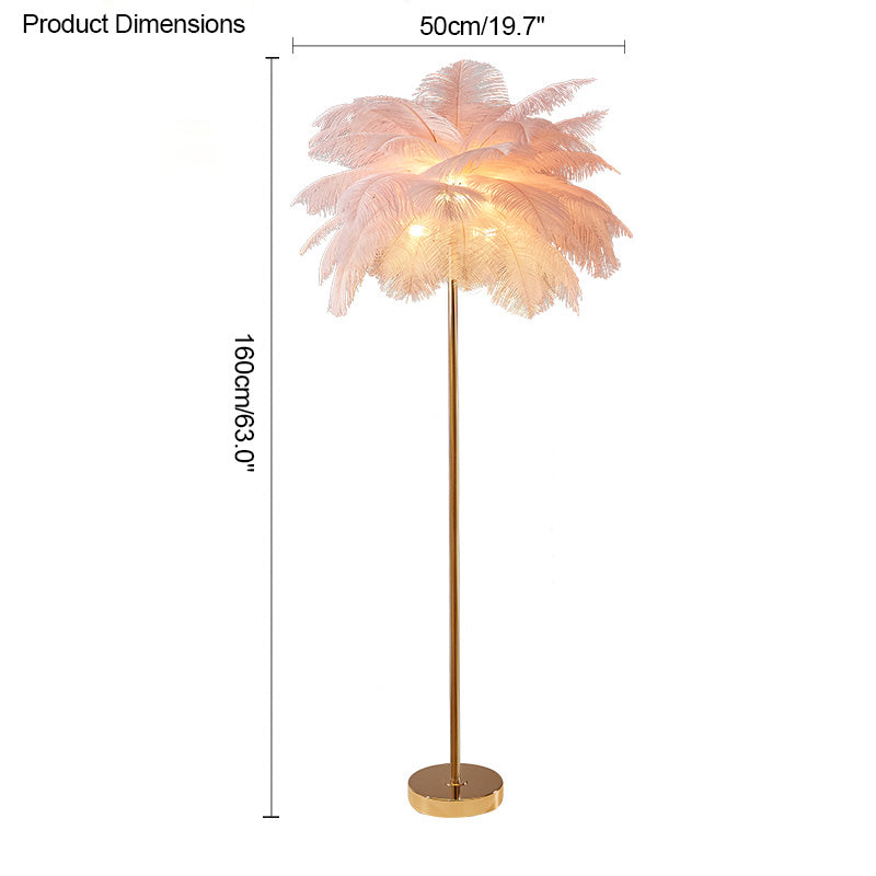 Lampadaire plumeux avec plateau intégré.  Éclairage ambiance chaleureux. Design palmier élégant et fonctionnel.
