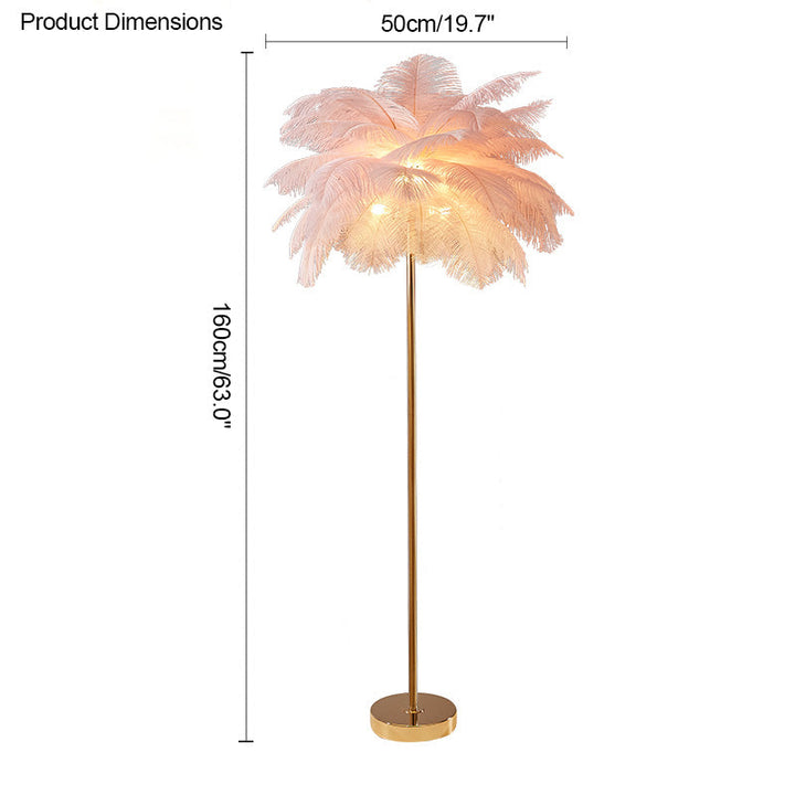 Lampadaire plumeux avec plateau intégré.  Éclairage ambiance chaleureux. Design palmier élégant et fonctionnel.