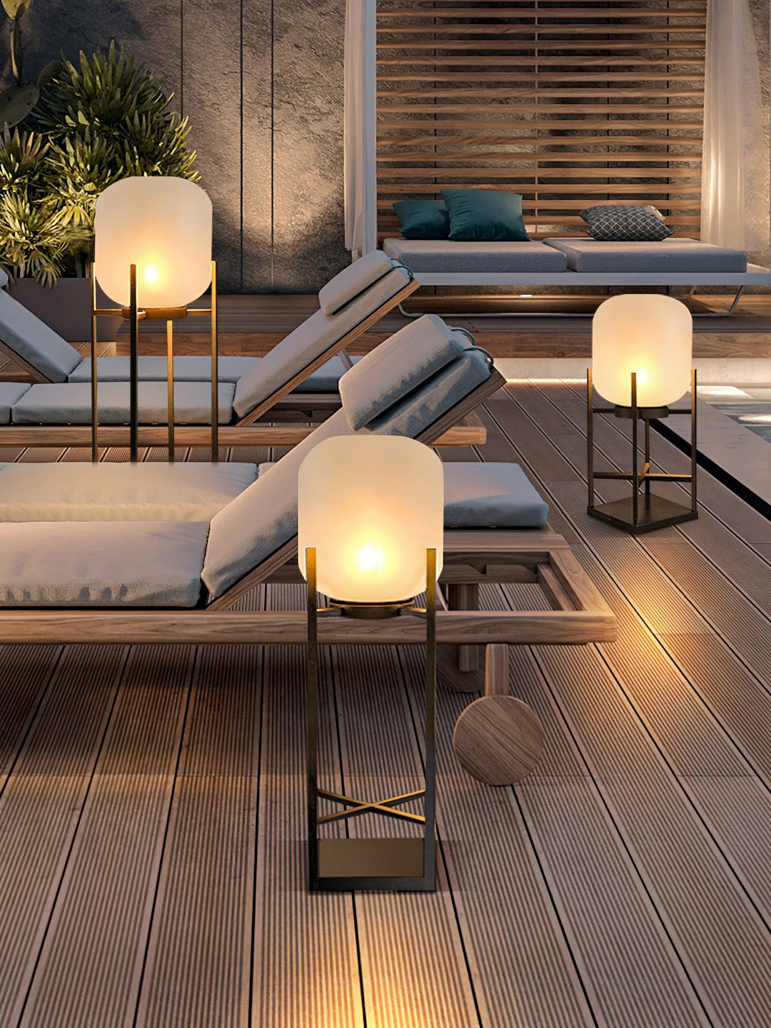 Lampadaire solaire extérieur élégant. Design moderne, acier inoxydable et verre. Éclairage LED chaleureux.