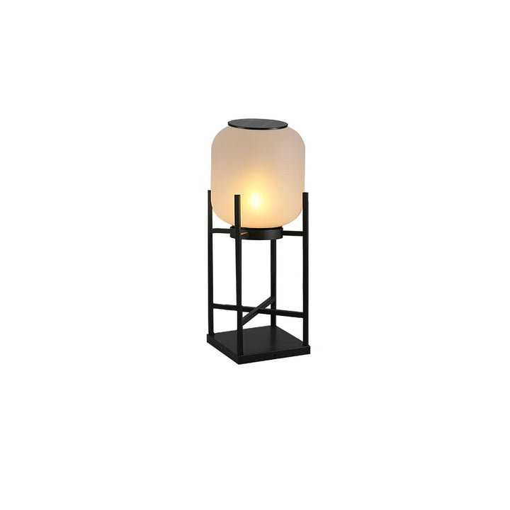 Lampadaire solaire extérieur élégant. Design moderne, acier inoxydable et verre. Éclairage LED chaleureux.