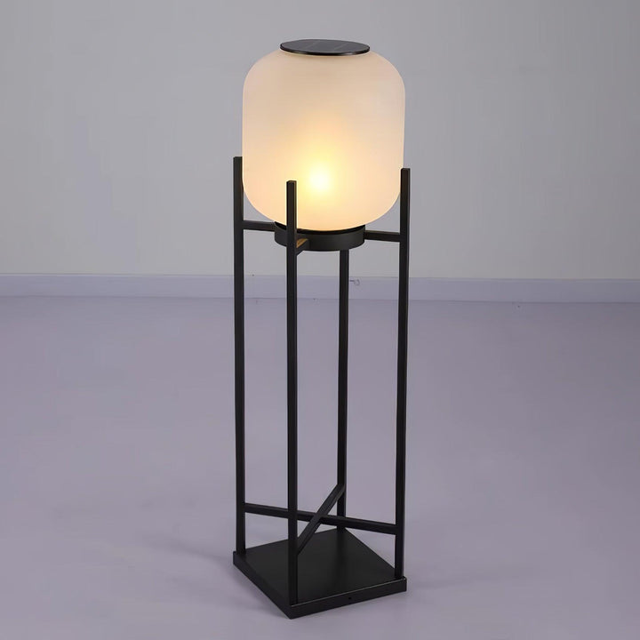 Lampadaire solaire extérieur élégant. Design moderne, acier inoxydable et verre. Éclairage LED chaleureux.