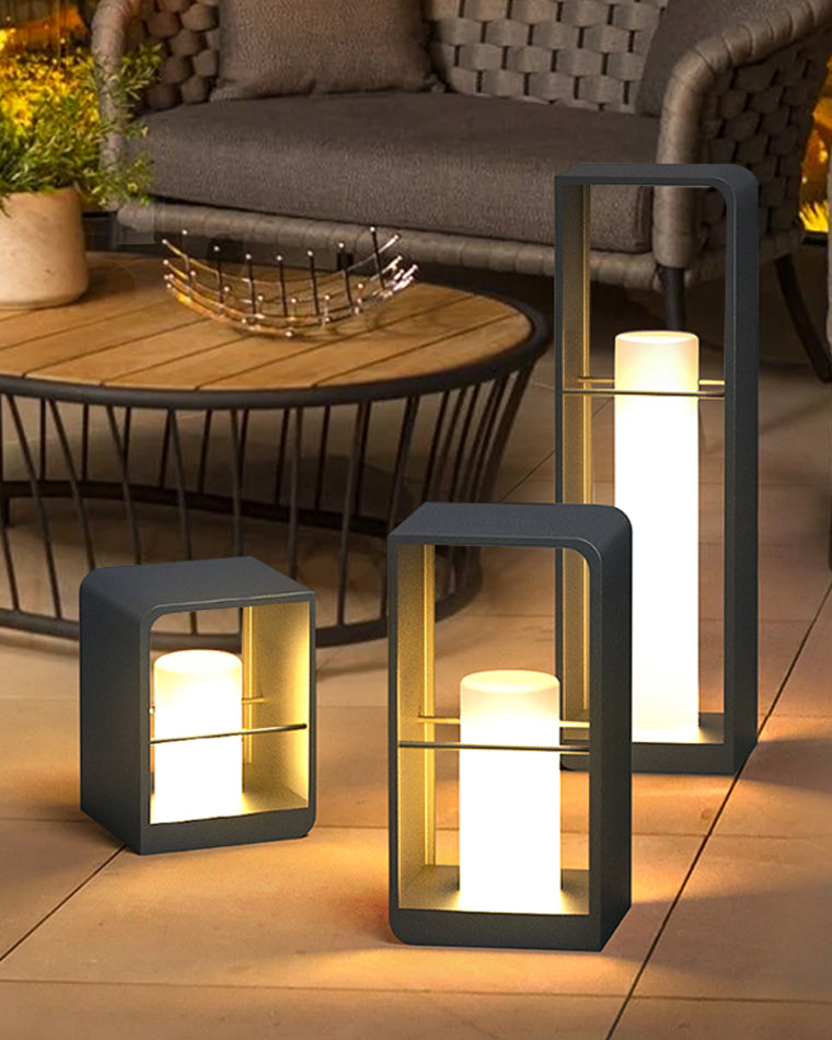Lampadaire solaire extérieur élégant. Éclairage jardin moderne, design épuré, lumière chaude.