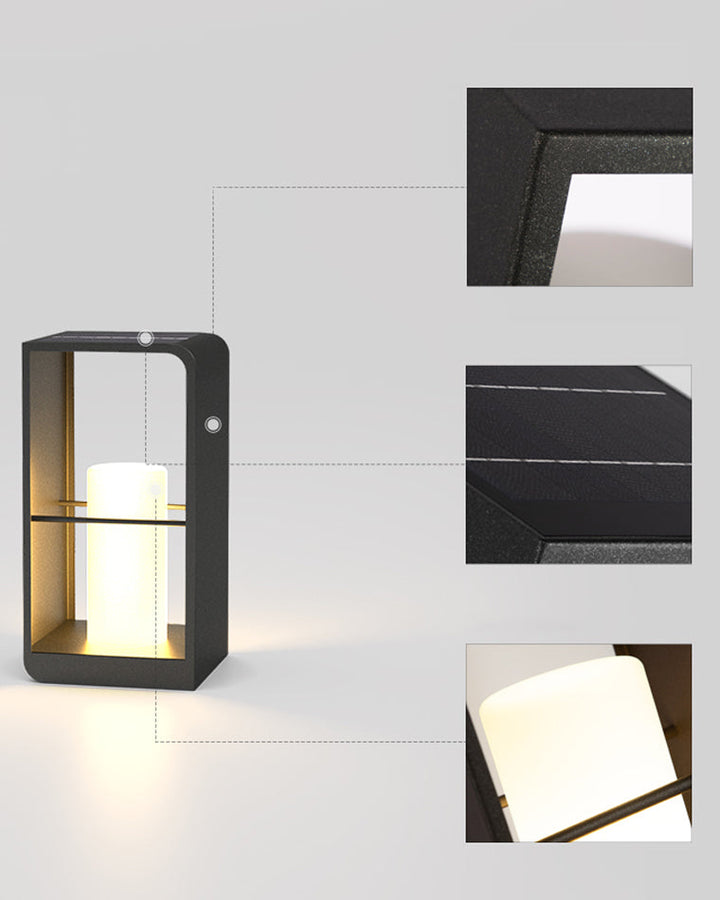 Lampadaire solaire extérieur élégant. Éclairage jardin moderne, design épuré, lumière chaude.