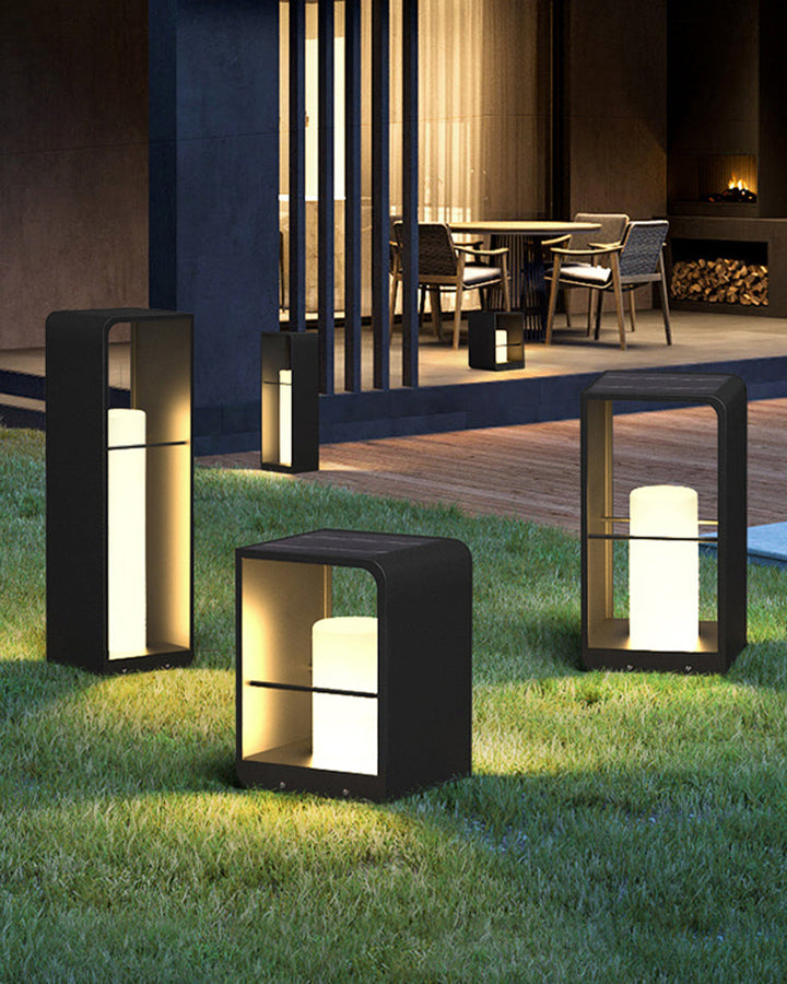 Lampadaire solaire extérieur élégant. Éclairage jardin moderne, design épuré, lumière chaude.