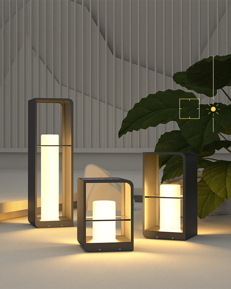 Lampadaire solaire extérieur élégant. Éclairage jardin moderne, design épuré, lumière chaude.