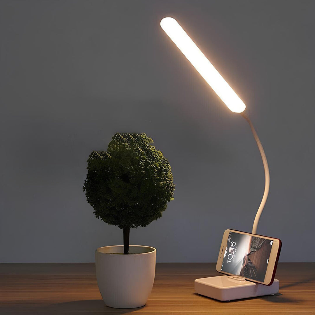 Lampe bureau LED flexible rechargeable. 3 températures de couleur, luminosité réglable. Design moderne et élégant.