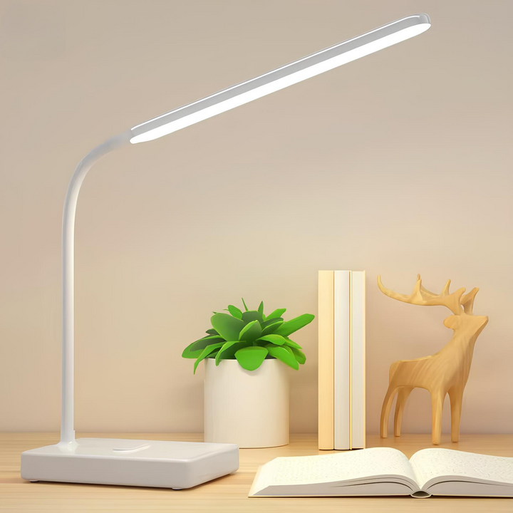 Lampe bureau LED flexible rechargeable. 3 températures de couleur, luminosité réglable. Design moderne et élégant.