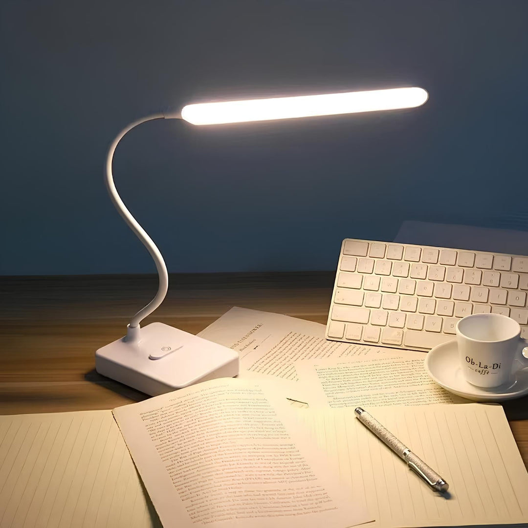Lampe bureau LED flexible rechargeable. 3 températures de couleur, luminosité réglable. Design moderne et élégant.