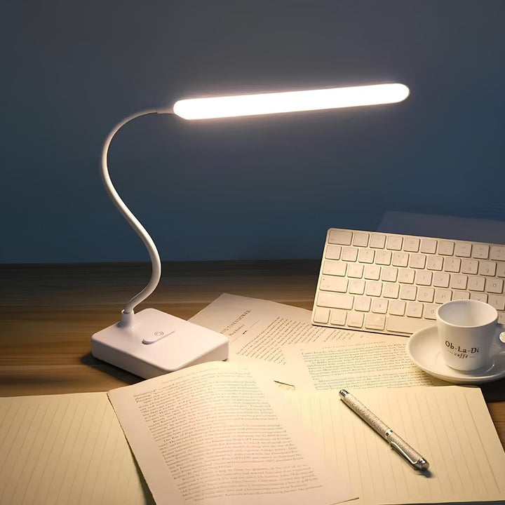 Lampe bureau LED flexible rechargeable. 3 températures de couleur, luminosité réglable. Design moderne et élégant.