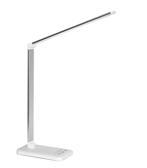 Lampe de bureau LED moderne, bras flexible, charge USB intégrée. Éclairage ajustable.