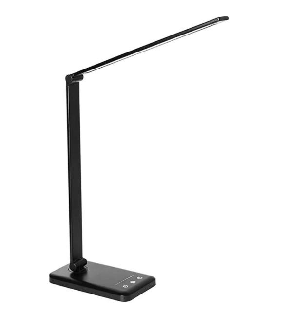 Lampe de bureau LED moderne, bras flexible, charge USB intégrée. Éclairage ajustable.