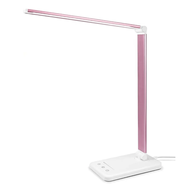Lampe de bureau LED moderne, bras flexible, charge USB intégrée. Éclairage ajustable.