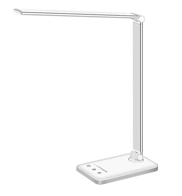 Lampe de bureau LED moderne, bras flexible, charge USB intégrée. Éclairage ajustable.